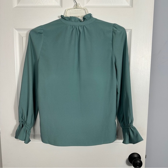J. Crew XS sage green blouse, ruffle sleeves, v-neck, fall, office, date night - Picture 9 of 9